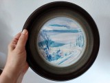 Placa ceramica aplica perete pictura manuala Romania veche, 23cm diametru