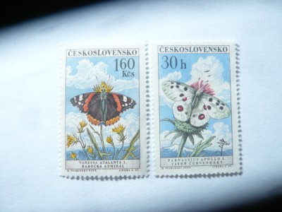 2 Timbre Cehoslovacia 1961 Fluturi , val. 1,6 kc si 30h foto