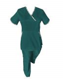 Costum Medical Pe Stil, Turcoaz inchis cu Elastan cu Garnitură stil Japonez, Model Sanda - 3XL, 3XL