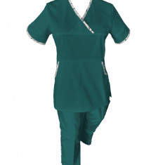 Costum Medical Pe Stil, Turcoaz inchis cu Elastan cu Garnitură stil Japonez, Model Sanda - M, M