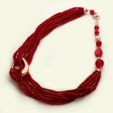 Colier Argint 925 Placat Aur Roz cu Agat Rubiniu, Jad Roșu și Perle de Cultură 55cm - Bijuterie Handmade Made in Italy