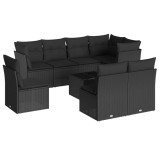 Set mobilier de gradina cu perne, 9 piese, negru, poliratan