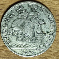 Portugalia - moneda mare 12.4g argint - 10 escudos 1955 - superba barca cu panze