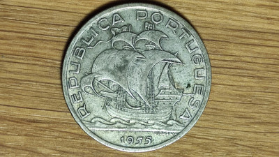 Portugalia - moneda mare 12.4g argint - 10 escudos 1955 - superba barca cu panze foto