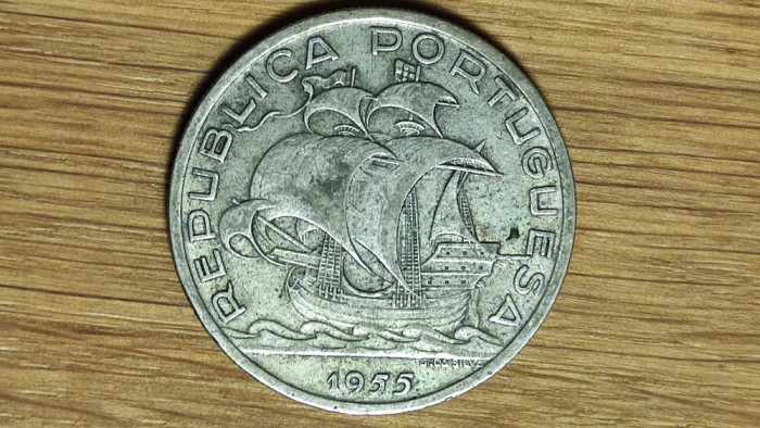 Portugalia - moneda mare 12.4g argint - 10 escudos 1955 - superba barca cu panze