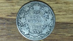 Canada - moneda colectie argint 925 - 25 cents 1909 -Edward VII- f greu de gasit
