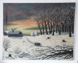 Tablou original Lucretia Megyesi &ndash; peisaj de iarna cu apus si gospodarie la marginea padurii, 80x65 cm
