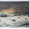 Tablou original Lucretia Megyesi &ndash; peisaj de iarna cu apus si gospodarie la marginea padurii, 80x65 cm