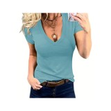 Tricou casual de vară cu guler &icirc;n V și m&acirc;neci scurte pentru femei, model de bază &ndash; Alb S