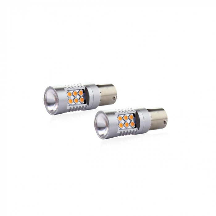 Set becuri auto cu LED CANBUS compatibil P21W BA15S 24 SMD 6.2W Orange 12 24V, destinat competitiilor auto sau off-road