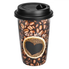 Pahar New Bone, Model Boabe de Cafea, Negru, Capacitate 400ml, Capac din Silicon