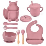 Set 10 piese diversificare bebelusi din silicon, baveta, farfurie si bol cu ventuza, tacamuri din lemn si silicon, cana, fara alergeni, roz pudrat
