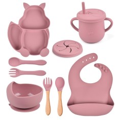 Set 10 piese diversificare bebelusi din silicon, baveta, farfurie si bol cu ventuza, tacamuri din lemn si silicon, cana, fara alergeni, roz pudrat