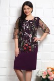 Rochie Ocazie Mov Yves, Broderie Florala, Marimea 48, Elastic, Eleganta