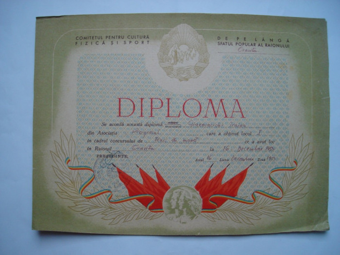 Diploma Comitetul pentru Cultura Fizica si Sport, tenis de masa, 1953