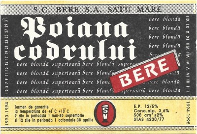 NI429 Etichetă bere Poiana codrului, 1994-1995, SC Bere SA Satu Mare foto