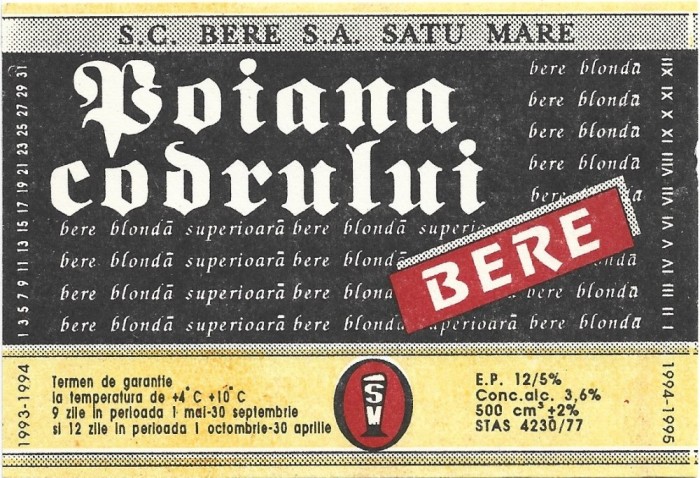 NI429 Etichetă bere Poiana codrului, 1994-1995, SC Bere SA Satu Mare