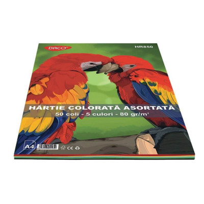 Hartie Colorata Asortata DACO A4, 80 g/m&amp;sup2;, 50 Coli/Top, 5 Culori, Top Hartie Colorata, Coli Colorate, Hartie Color A4, Hartie Colorata, Foi de Hartie foto