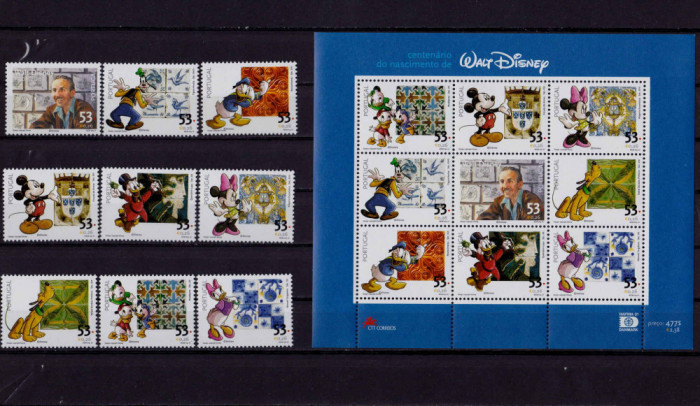 Portugalia 2001&quot;Centenarul nasterii Walt Disney&quot;,bloc+serie, tiraj 120.000 , MNH