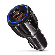 Incarcator Auto OZ Premium, 2x USB Incarcare Rapida Fast Charge cu LED Blue si USB 3.0 cu 3.1A