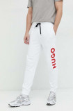 HUGO pantaloni de trening din bumbac bărbați, culoarea alb, cu imprimeu 50473211