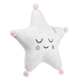 Perna Decorativa Stea Brodata cu Pompon Roz, 36x36cm, Bumbac/Poliester, Alba cu Roz