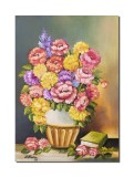 Tablou cu flori pictat manual - Poem floral, vaza cu flori si carte, 70x50cm ulei pe panza, gata de expus pe perete