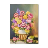 Tablou cu flori pictat manual - Poem floral, vaza cu flori si carte, 70x50cm ulei pe panza, gata de expus pe perete