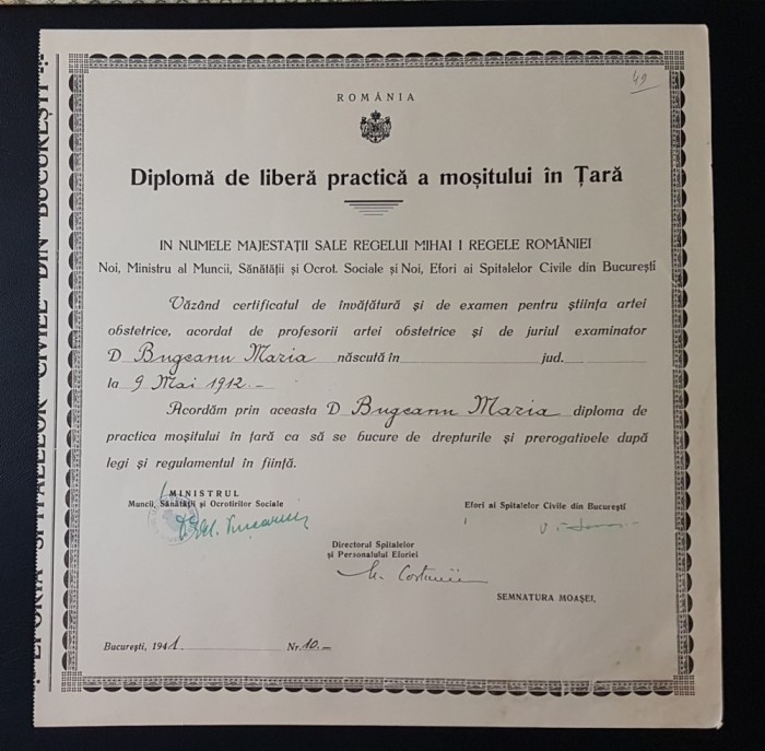 Diploma 1941 de libera practica a mositului in tara