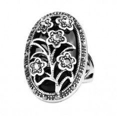 Inel superb piatra negru onix stilizat vintage floricele zirconia placat argint foto