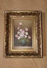 Tablou pictat in ulei vaza cu flori. foto