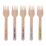 Furculițe Petrecere Lemn, Model Happy Birthday, Multicolor, Lungime 16 cm, Set 10 bucăți, Oem