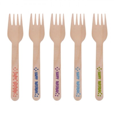 Furculițe Petrecere Lemn, Model Happy Birthday, Multicolor, Lungime 16 cm, Set 10 bucăți foto
