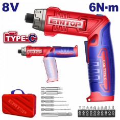 Surubelnita electrica EMTOP ECSR0803 cu Incarcare USB-C, 8V, 6Nm, Maner Reglabil in 2 Pozitii, 17 Accesorii si Geanta Inclusa, Viteza 220rpm, Setari C
