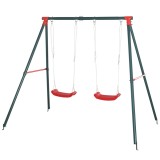 Outsunny Leagăn Dublu pentru Copii 3+ Ani cu Structură din Metal, Leagăn de Grădină cu Coardă Reglabilă, Joc de Exterior, Max 45 kg, 239x156x180 cm, V