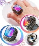 Inel Vintage Maiestuos, Uluitor, cu un Topaz Mistic Ultra-Stralucitor in nuante Curcubeu cu o dominanta de baza de Albastru Electric, Argint 925