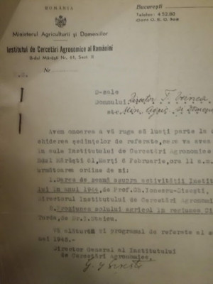 Doc Institutul Cercetari Agronomice, 1945, semnat olograf G. Ionescu Sisești foto