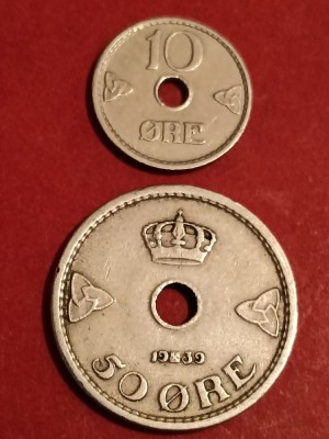Lot 2 monede Norvegia (tiraje mici): 10 + 50 ore 1939 , [poze]. Discount conform descriere [10 - 20 %. Vezi descrierea.]. foto