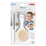 Set perie si pieptene ingrijire bebelusi, cu par natural de capra, alb cu gri, BabyCare Hair, Reer 81070 Children SafetyCare