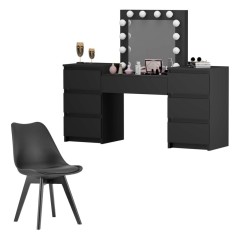 Set masa de toaleta/machiaj Antonia + scaun Mark, negru, cu oglinda si LED-uri, 155x42x135 cm