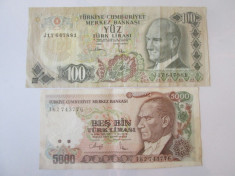 Turcia lot bancnote:100 Lirasi 1983(lipita scoci)+5000 Lirasi 1990 stare f.buna foto