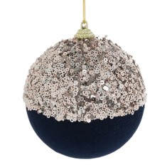 Ornament Brad Crăciun, Model Glob, Spumă Catifelat, Paiete Bej șampanie, Mărgele Albe, Diametru 9cm, Albastru