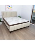 Set pat dublu Erzon, elemente lemn masiv, tapitat cu stofa, cu somiera, crem si saltea ortopedica Optima Bamboo, margine antilasare, banda aerisire, 1