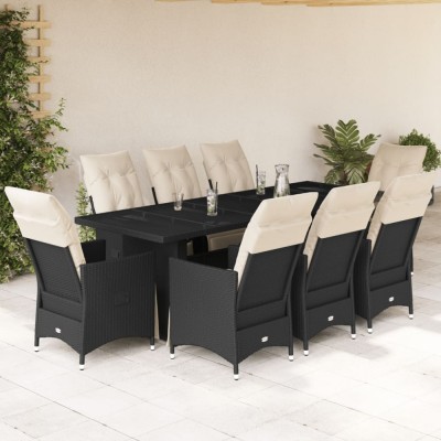 vidaXL Set bistro de grădină, 9 piese, cu perne, negru, poliratan 3277257 foto
