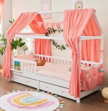 Alavya Home Set complementar pentru pat căsuță CLOUD 80x160 cm &ndash; set decorativ din muselină roz + sertar din fag (fără pat)