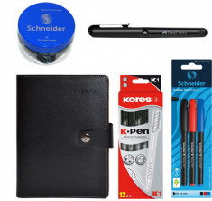 Set Agenda A5 cu buton , Stilou FAber Castell Vario, Rezerve cerneala, PIx Kores K1 negru, FineLinere foto