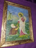 Icoana veche pictata pe Carton,Pictura vec, Semnata-Sfantul PETRU salvat de ISUS