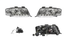 Set faruri Audi A6 (C5), 06.2001-01.2005, partea Stanga+Dreapta, Tuning, Fata, cu lumina de parcare LED; tip bec H1+H1; manual/electric; transparent, foto