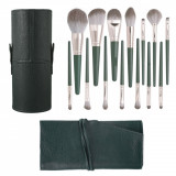 Cumpara ieftin Set 14 Pensule Machiaj Profesional HAWIRE, Maner din Lemn, Elemente Metalice Aurii, Aspect Elegant, Par Sintetic, Husa si Cilindru Depozitare, Verde