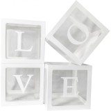 Set 4 cutii pentru baloane, flippy, model scris love, tematica iubire, cuburi decorative din plastic, accesorii pentru petrecere, 30 x30 cm, transpare